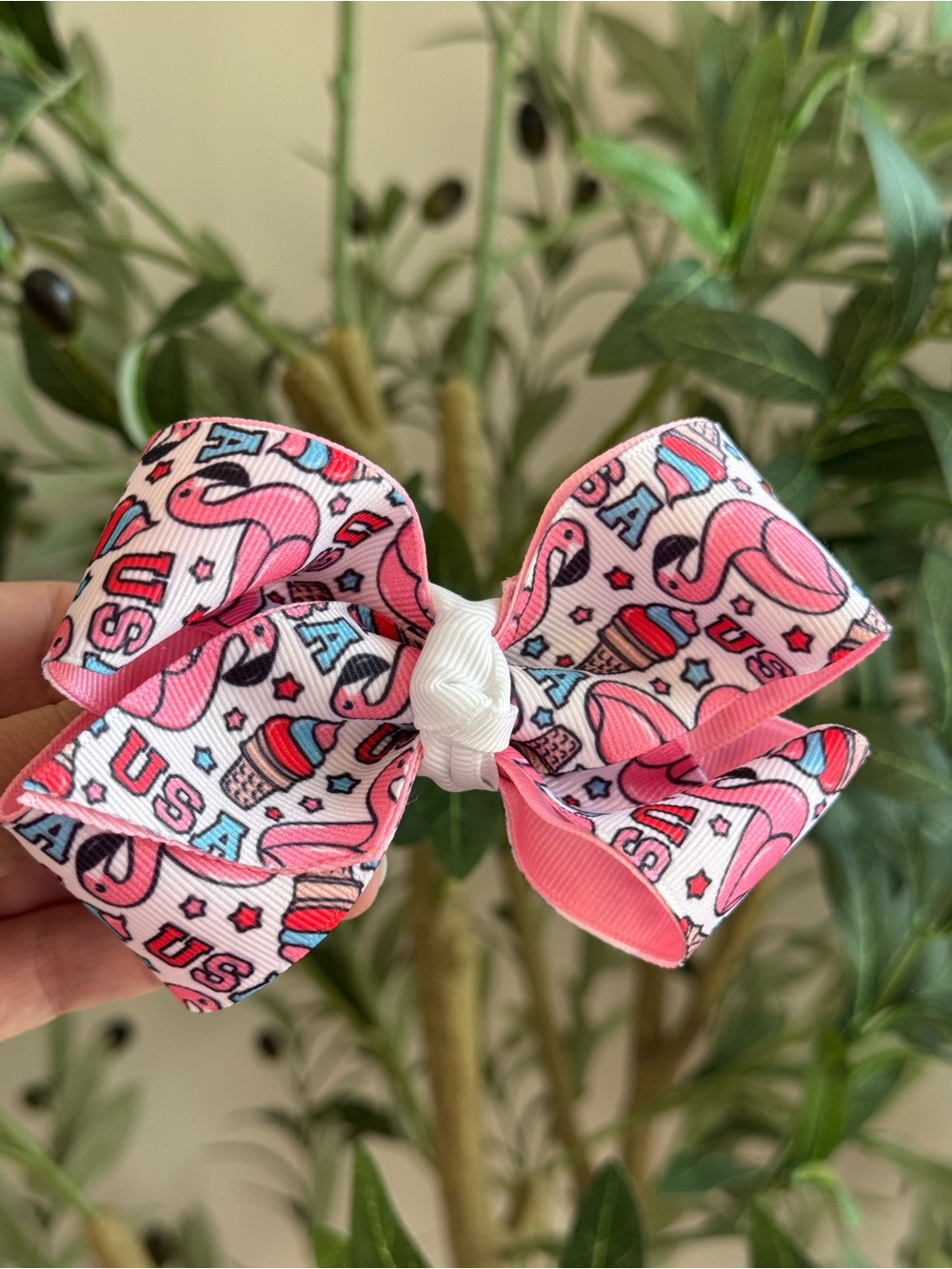Pink USA Flamingo & Ice Cream Cone Hair Bow
